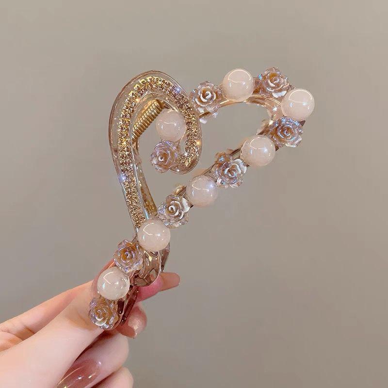 Light Luxury  High-end Sense of Flower  Pearl  Rhinestone  Clip  Female Back Head  Hair Clip  Large Hairpin  Headdress  Hairpin