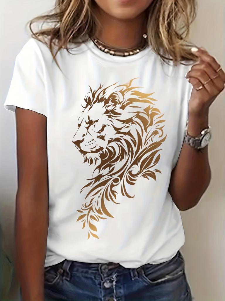 Europäische Größe Löwen Ästhetik Grafikdruck T-Shirt, Kurzarm Rundhals Lässiges Oberteil für Sommer & Frühling, Damenbekleidung