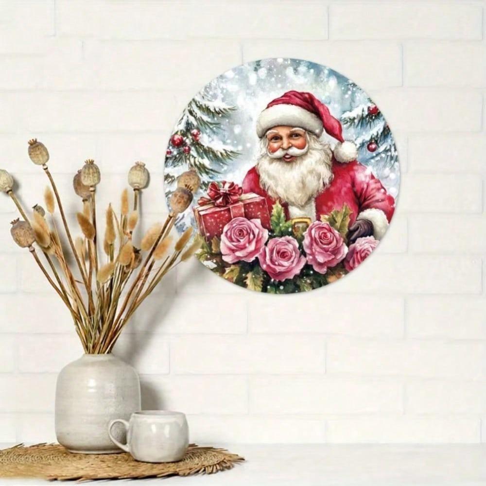 Vintage Santa Pink Roses Round Aluminum Sign 8x8 Inch Wall Decor Home Office Restaurant Holiday Gift