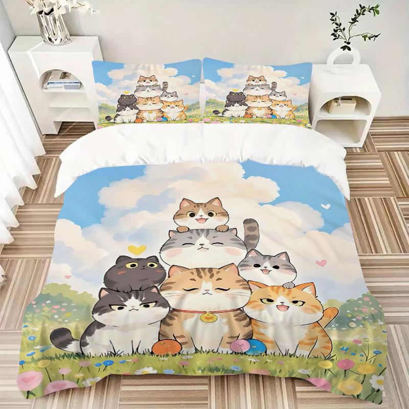 3pcs Seven Happy Cats Bedding Set, Including 1 Quilt Cover and 2 Pillow Shams, Without Filling, Soft and Comfortable Home Bedroom Fabric, Fa