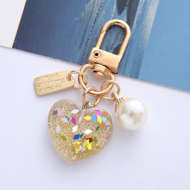 2pcs Bling Acrylic Heart Keychain Colorful Sequin Sweet Imitation Pearl Keyring for Women Girls Bag Decoration