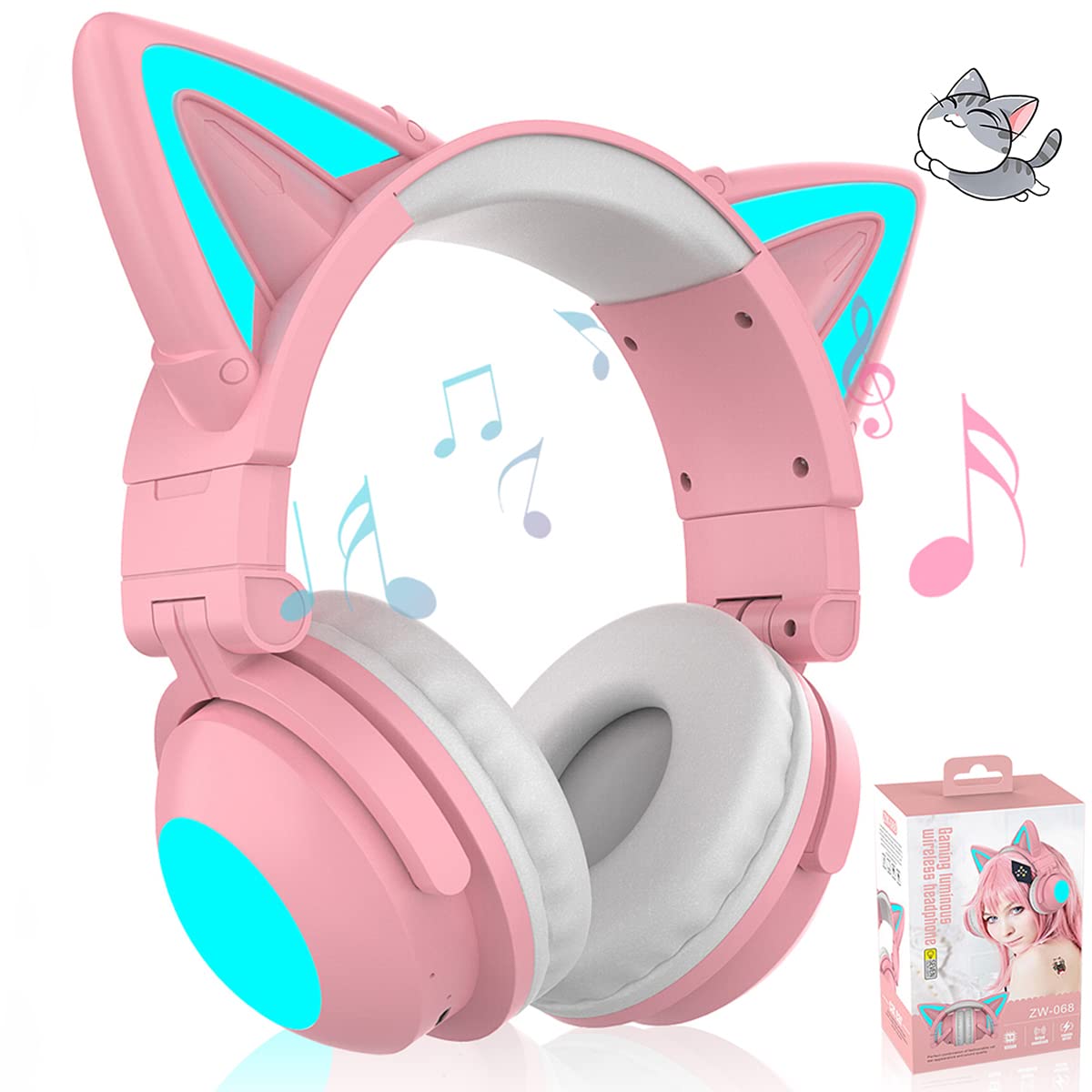 

GHDVOP Bluetooth Cat Ear Cute Gaming Headset with Retractable and Foldable 7 Freely Adjustable LED Sparkling USB Noise Suitable for Kids and рожевий