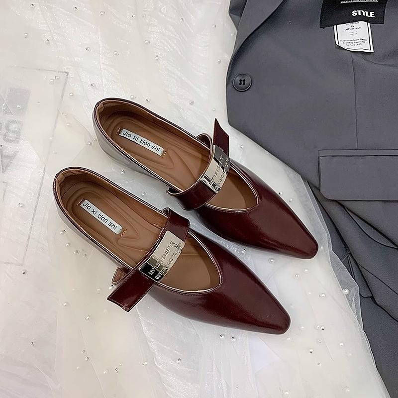 

Французькі туфлі на плоскій підошві жіночі туфлі 2024 нові гостроносі з пряжкою пізній вечірній стиль срібні туфлі Мері Джейн темпераментні жіночі туфлі 40 бордовий