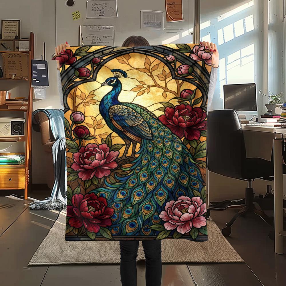 1PC Peacock and Peony Print FlAannel Blanket, High quality Comfortable for All Seasons, Home Decor, Warmth and Comfort