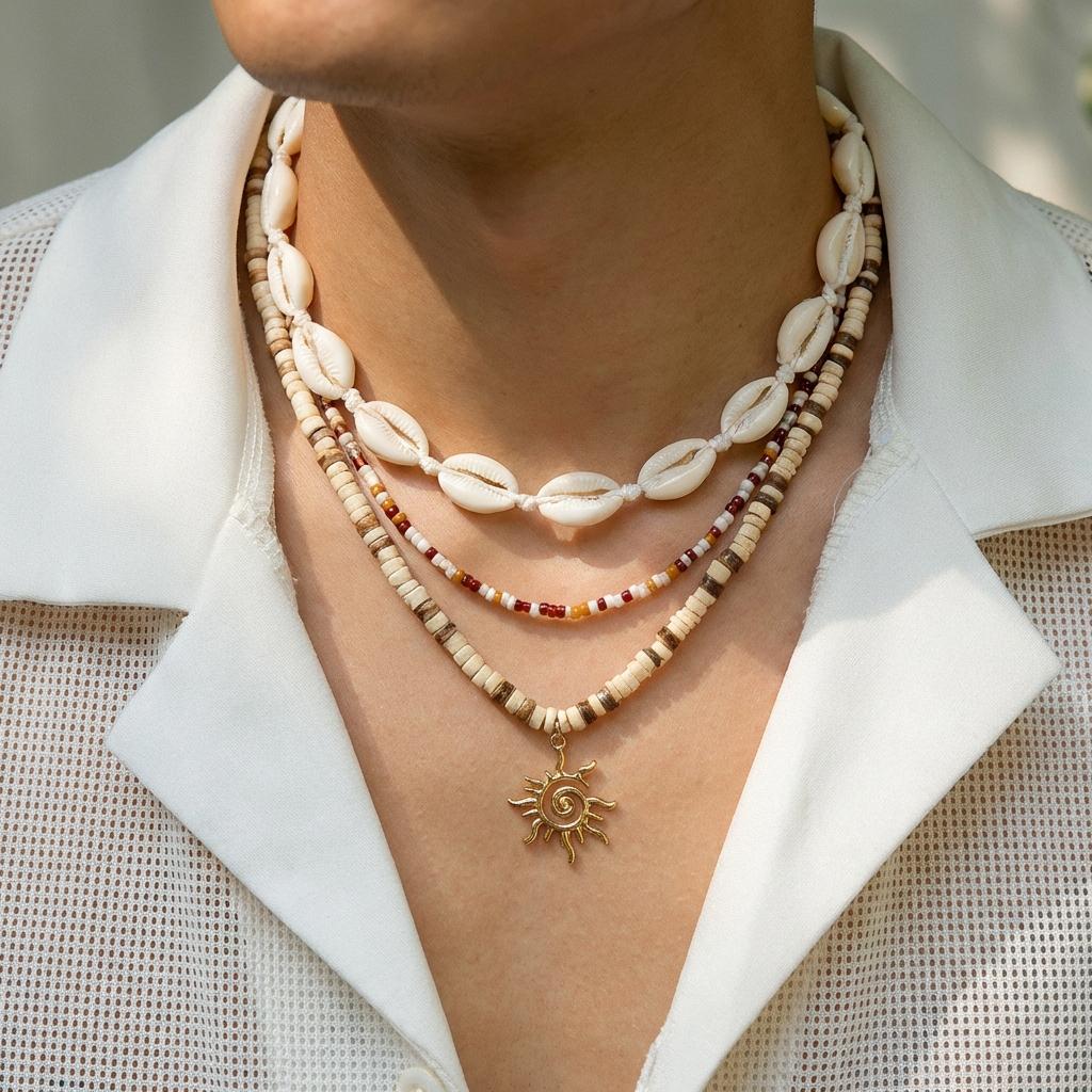 Unisex Boho Surfer Layered Necklace for Women Man Cowrie Shell Choker Tribal Wood Bead Sun Pendant Summer Beach Vacation Jewelry