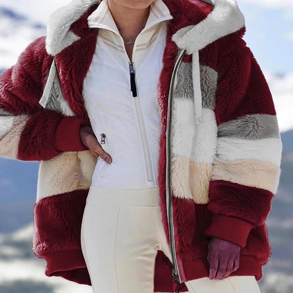 Womens Fashion Splicing Winter Loose Plush Long Sleeve Zipper Pocket Hooded Coat