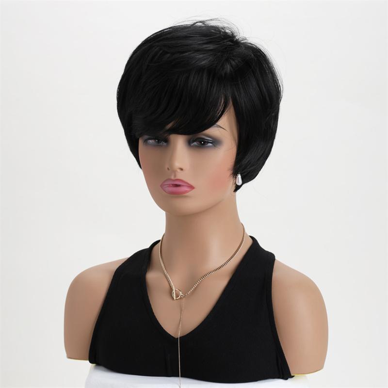 Synthetisches Haar Kurze Schwarze Perücken für Frauen Natürliche Frisur Lässige Perücke Schwarz Gemischt Weiße Farbe Mode Vollperücke mit Pony