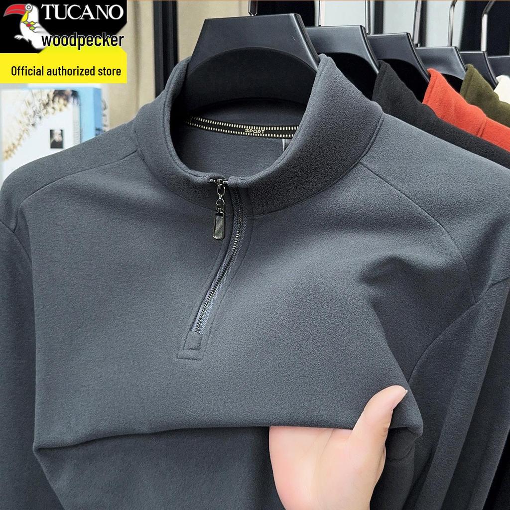 Woodpecker Men's Double-Sided Velvet Half-Zip Stand Collar Warm Long-Sleeve T-Shirt