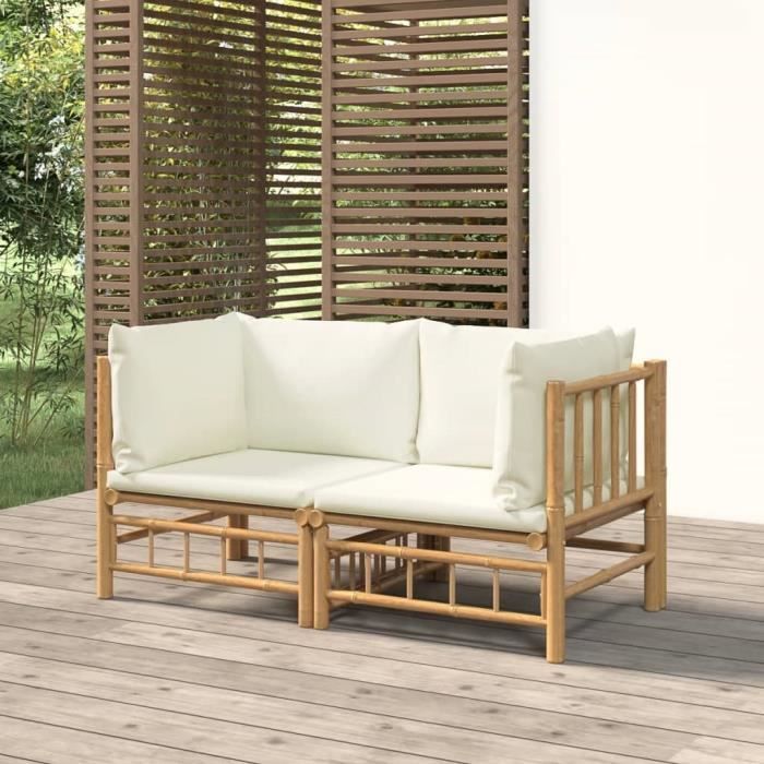 VidaXL Canapés d'angle de jardin avec coussins blanc crème 2pcs bambou 3155182
