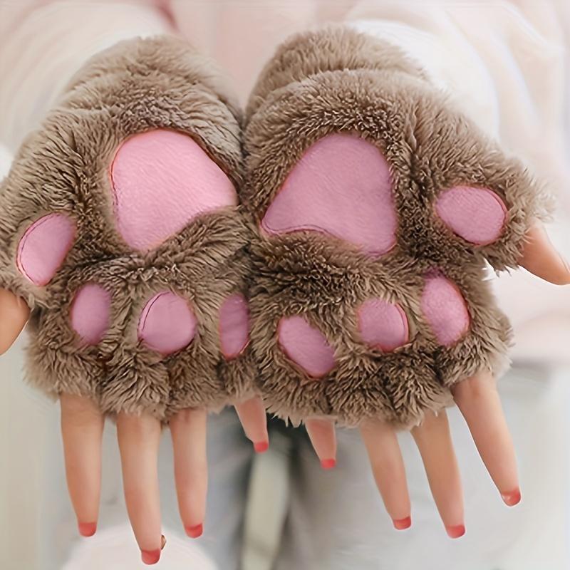 

1 ПАРА зимних милых мультяшных варежек без пальцев в форме кошачьих лапок, утолщенные теплые варежки с половиной пальца хаки