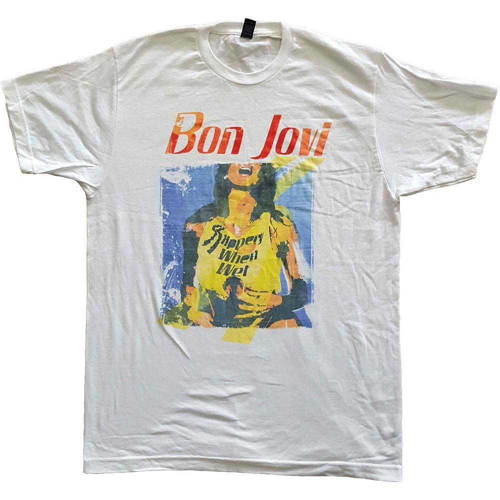 Men s Bon Jovi Slippery When Wet Original Cover T-shirt Large White XXL