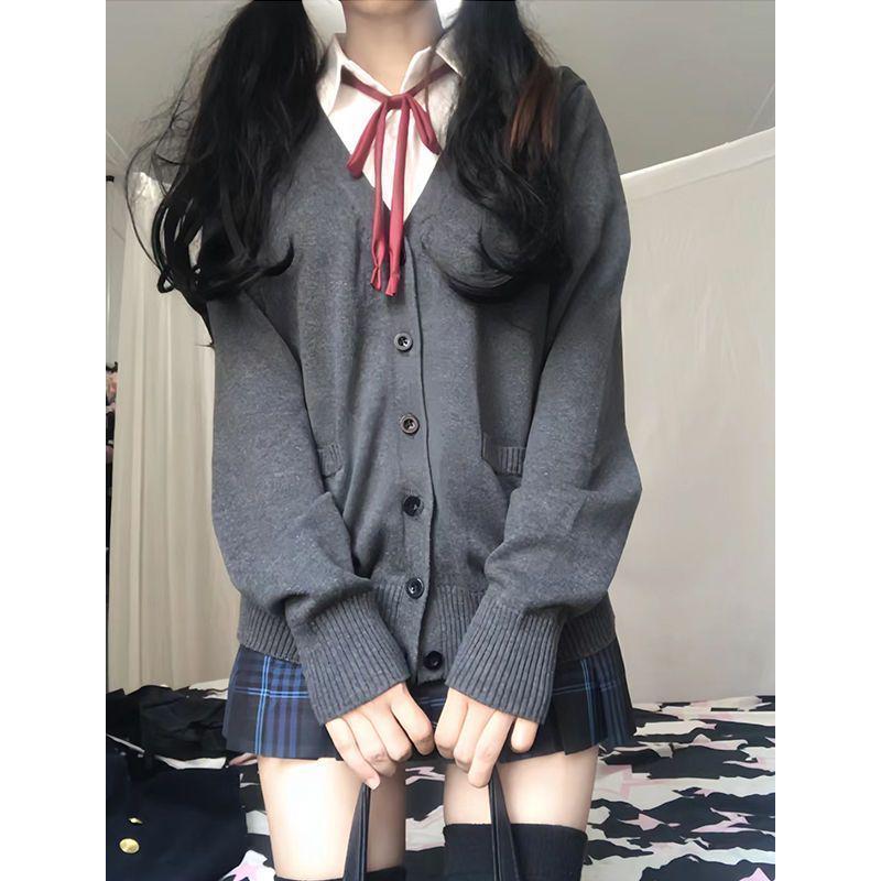 

Japanese JK College Style V-neck Knitted Cardigan, Long Sleeve, Loose Fit for Women. XL