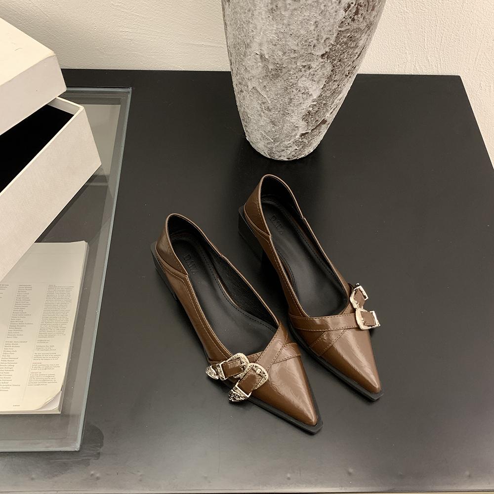 Fashion Pointed Toe Women Loafers Black Silver Brown Mid Heeled Belt Buckle 2024 New Arrivals Fashion Dress Shoes Woman Size 35-39 Pumps