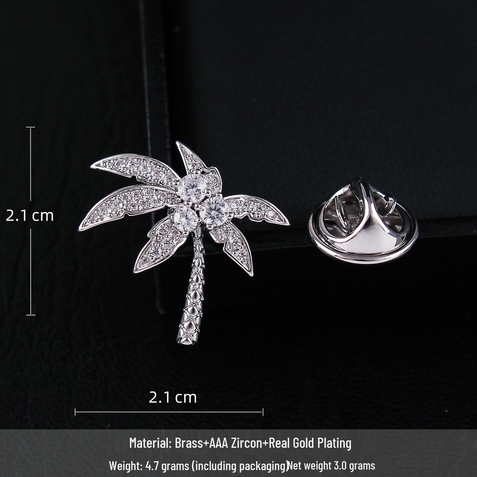 Coconut Tree Men s Real Gold-Plated Lapel Pin with Zirconia and Anti-Exposure Clasp