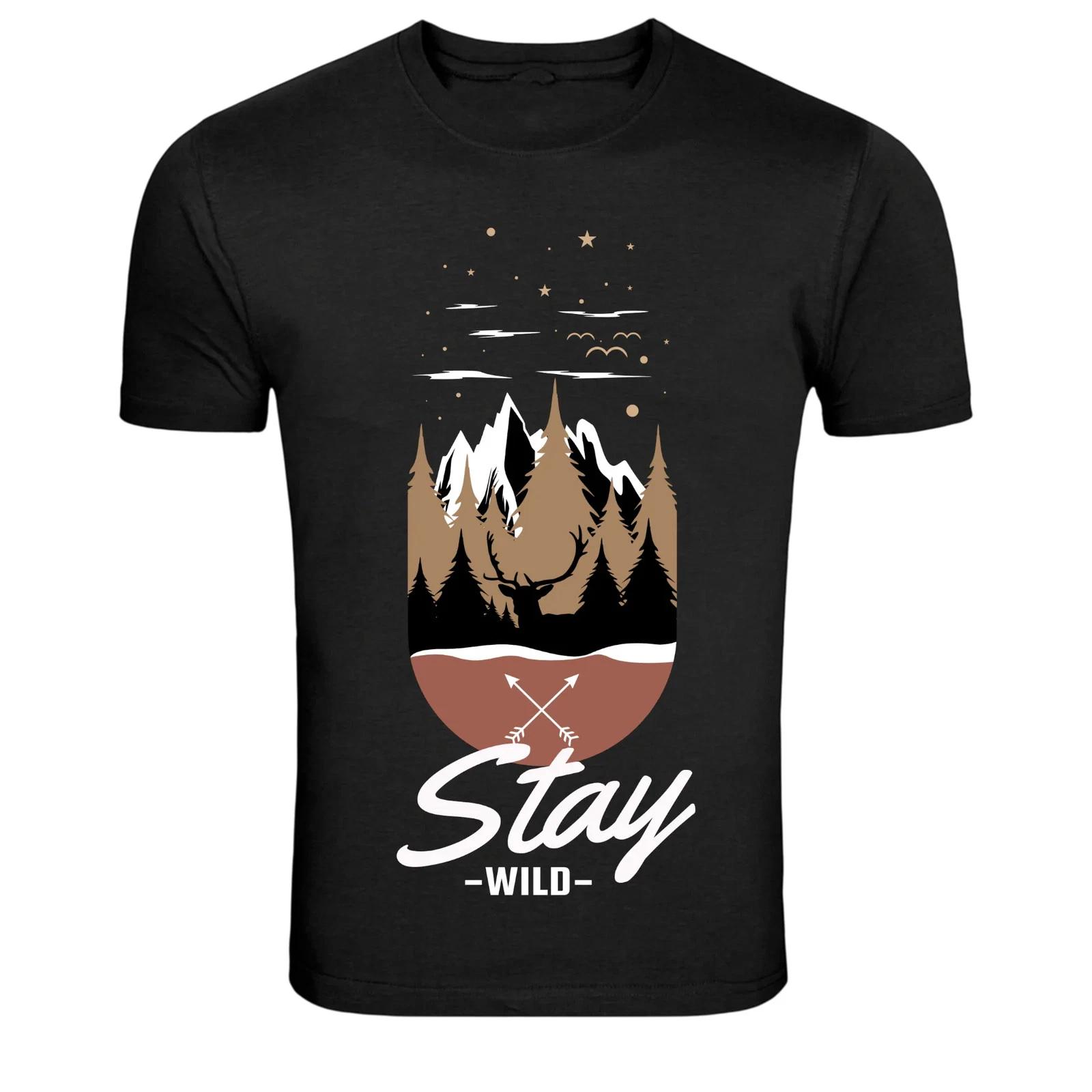 Stay Wild Deer Forest Mountain Nature Graphic T-Shirt 2XL