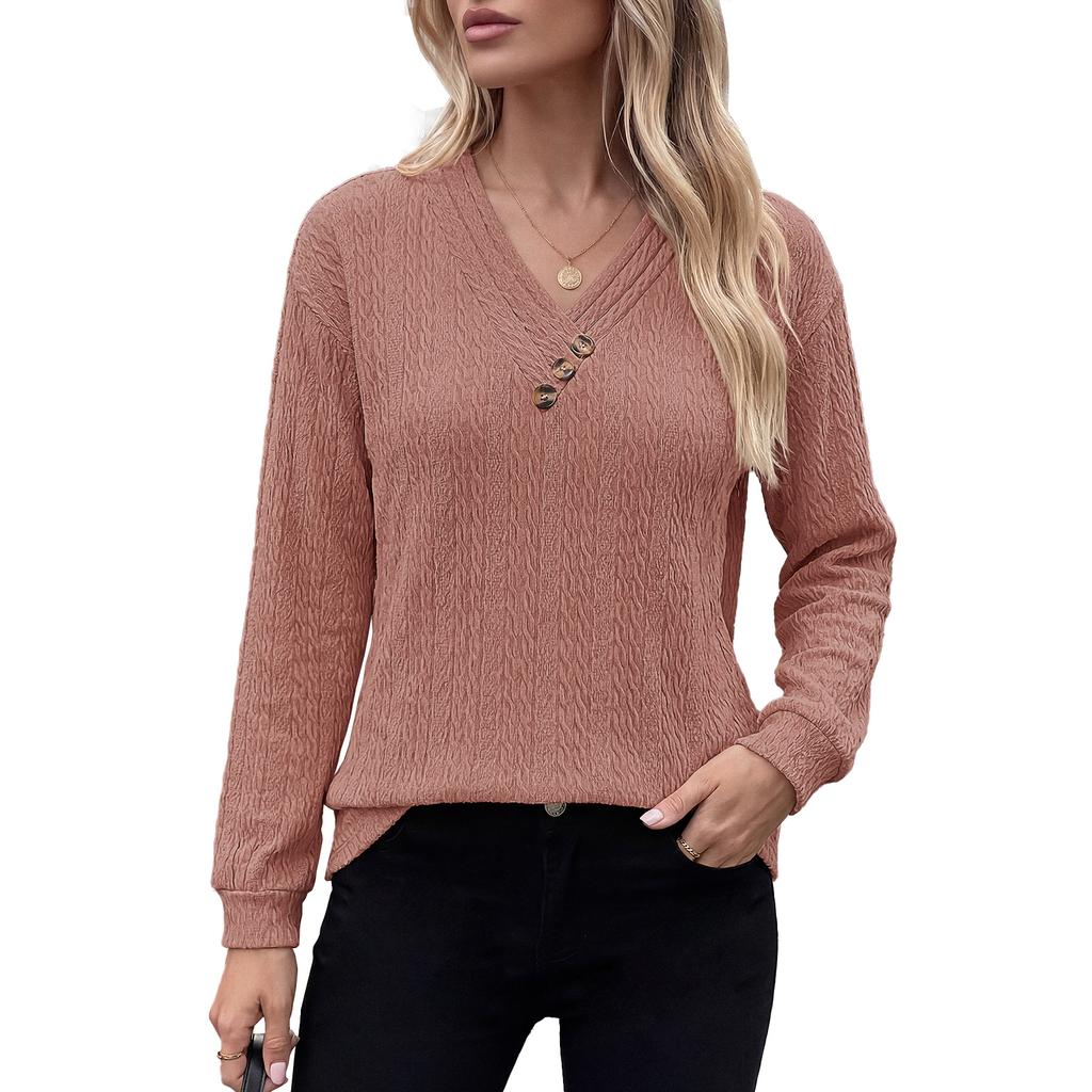 Women Solid Color V Neck Button Decoration Loose Long Sleeve Casual T Shirt Top