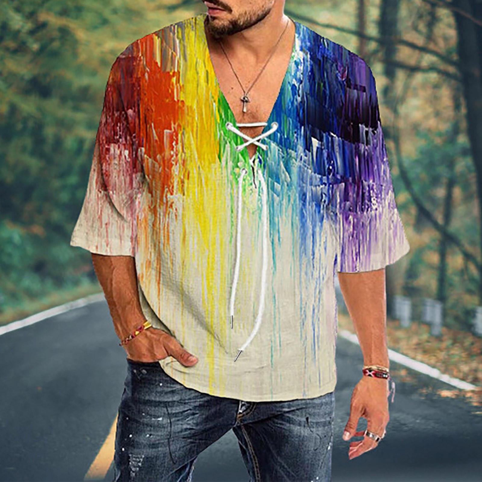 

Men s Casual Creative Mid-Sleeve V-Neck Tie Rope Print Fashion Street T-Shirt XXL синий