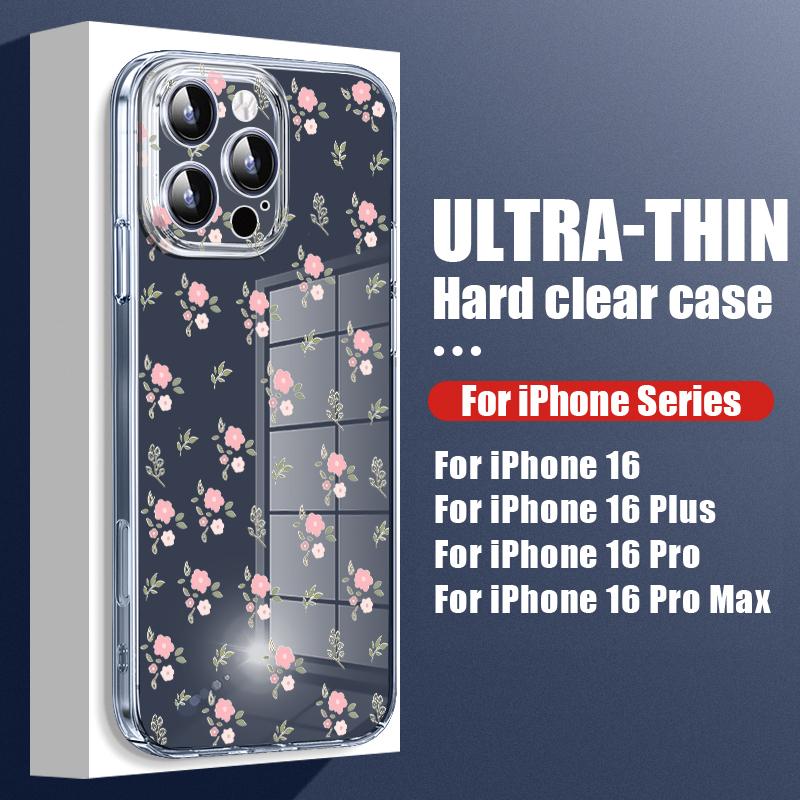 For iPhone 16 Plus 15 14 Pro 12 13 Pro Max 11 Shockproof Color Rose Flower Pattern Hard Pc Transparent Slim Lens Protection Phone Case Cover