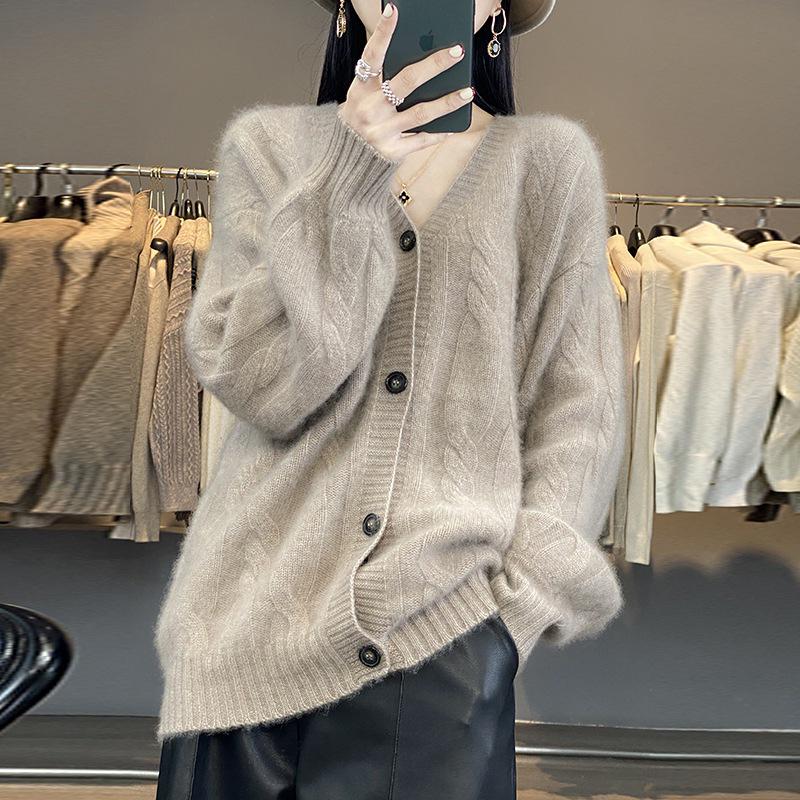 Women's Thickened Cashmere Cable Knit V-Neck Cardigan Sweater