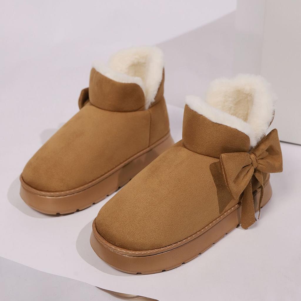 Cozy Plush-Lined Winter Snow Boots for Men and Women - Elegant Bow Detail, Soft Sole, Indoor/Outdoor Fashion Slippers