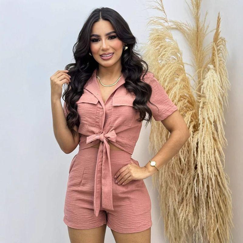 

Fashion Women s New Spring/Summer Fashion Short Sleeve Shoelace Shirt Casual Shorts Two-piece Set B102 Pink M