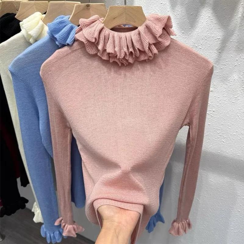 Ny Höst Spetskrage Stickad Dam Högkvalitativ Halvpolo Ull Underdel med Casual