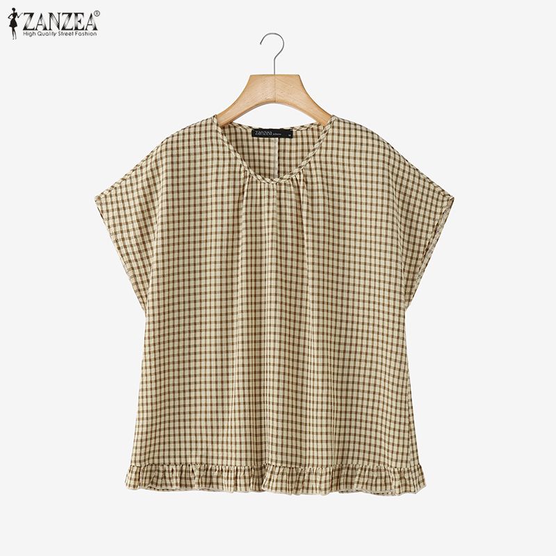 ZANZEA Women Grid Print Casual Round Neck Loose Short Sleeve Blouse