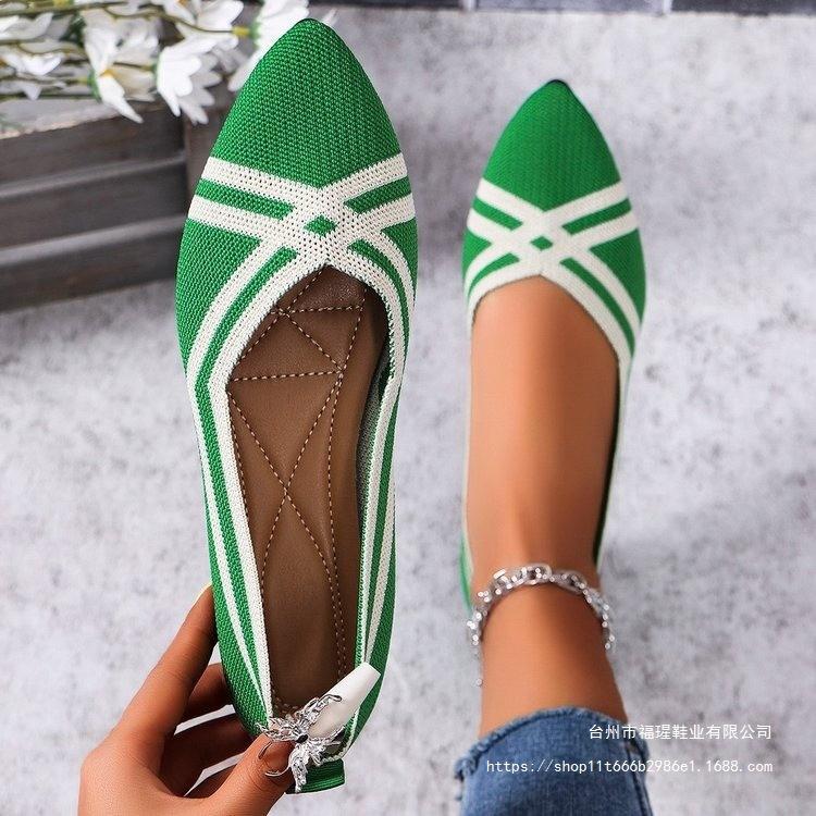 Foreign Trade MZ Fly-woven Shoes Flat Summer Women's 2025 New Color Matching Light Mouth Pointed Single Shoes Princess Shoes Large Size Green