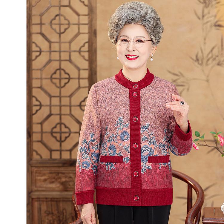 Autumn and Winter Round Neck Printed Plus Velvet Thickened Knitted Cardigan for Women Loose Casual Jacket Middle-aged and Elderly New Mother Suit