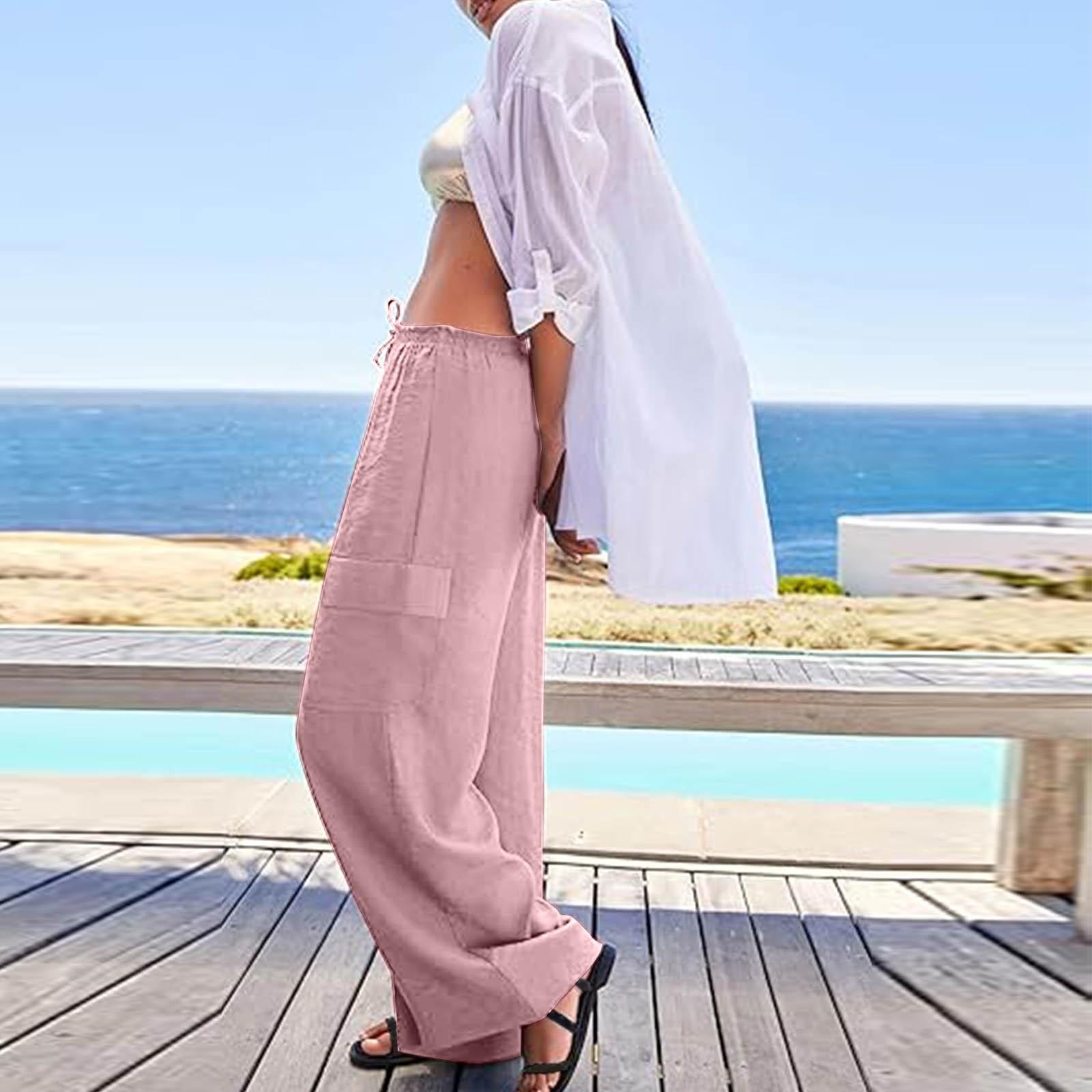 

Женские модные однотонные брюки прямого покроя с высокой талией и карманами на шнурке, повседневные брюки XXL розовый