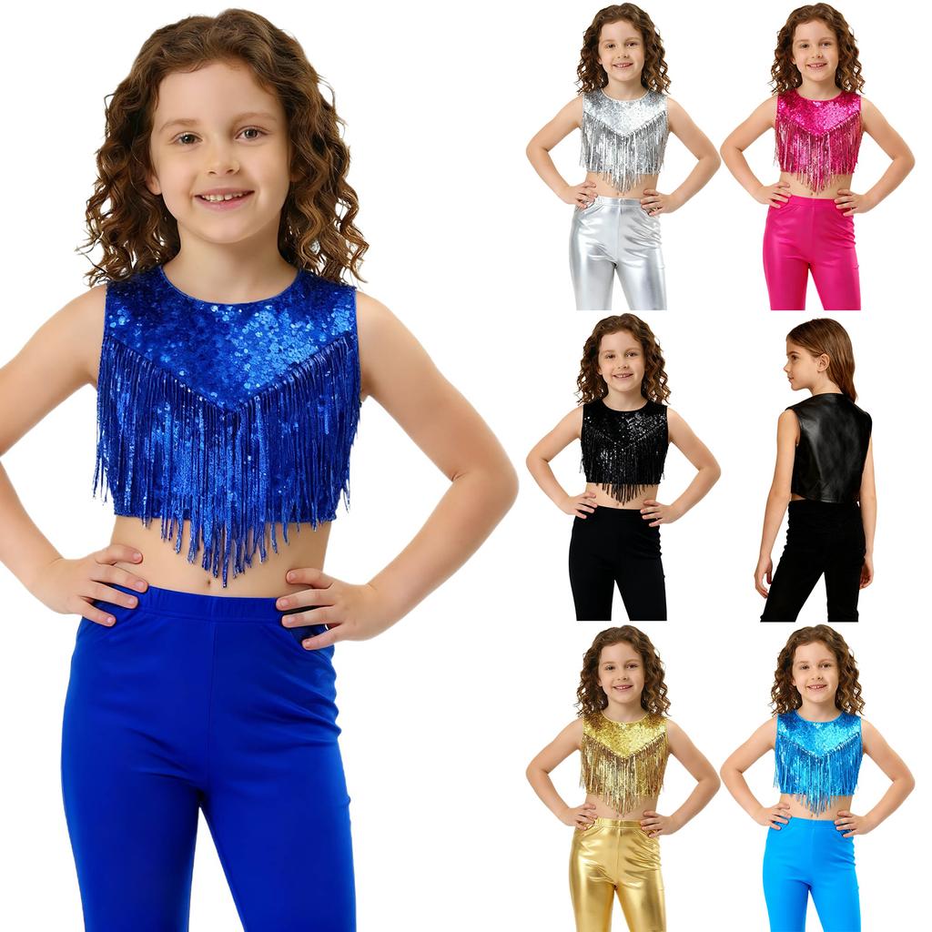 Costume da Bambina Anni '70 Disco Paillettes Lucide Girocollo Top Metallizzato Senza Maniche