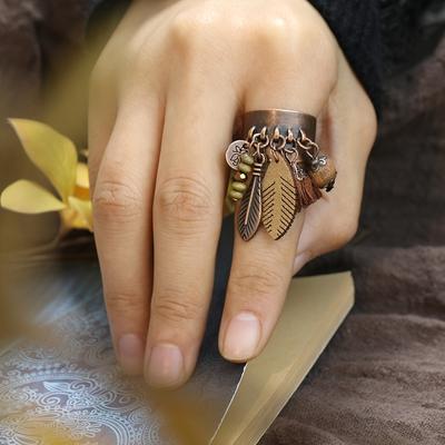 Retro Style Ring Pendant Ring Flower Wood Beaded Tassel Bronze Color Open Gift For Women/Daughter/Wife