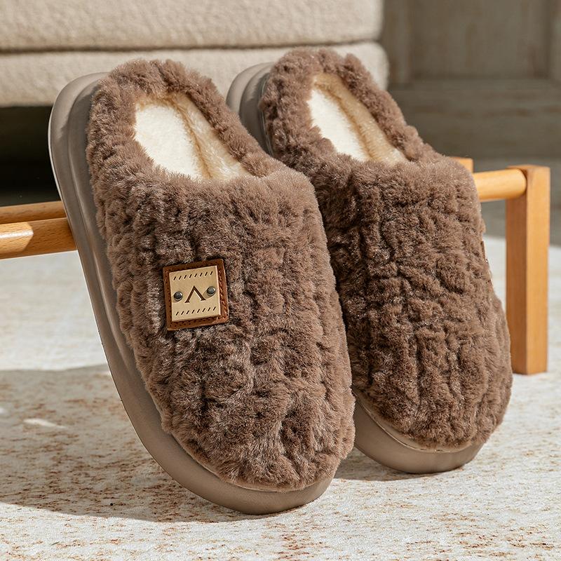 Winter plush cotton slippers women's indoor non-slip thick-soled plush warm couple fashion high-end confinement shoes