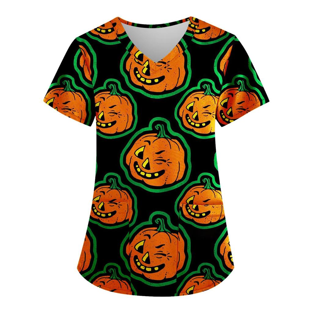 Women's Fashion V-neck Short Sleeve Workwear With Pockets Halloween Printed Tops