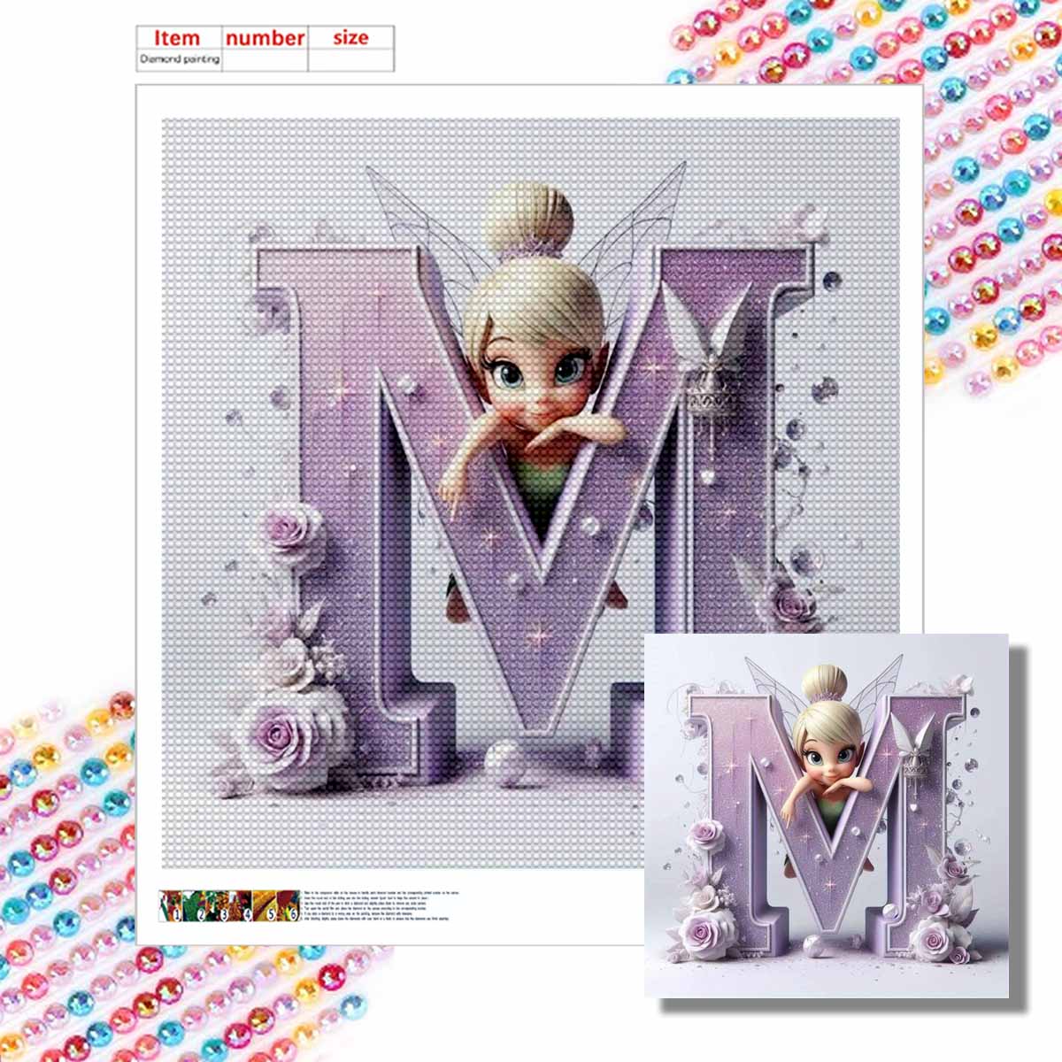 

Алмазная живопись своими руками Круглые алмазы Эльф Буква М Полная алмазная мозаика Домашнее украшение Живопись Набор для вышивания крестом Round 20x20cm