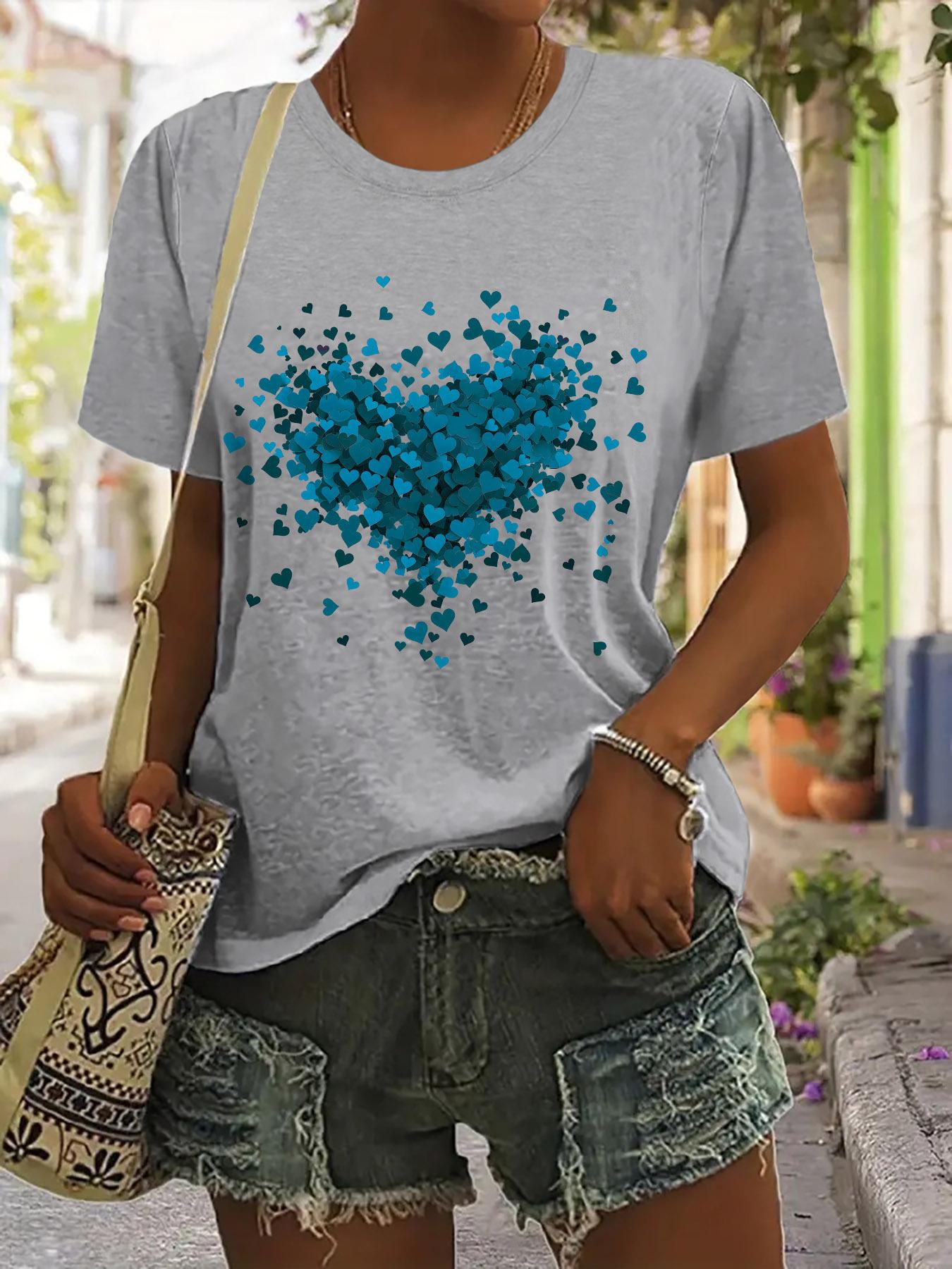 

Женская повседневная футболка с графическим принтом в виде сердца, топ с коротким рукавом и круглым вырезом на все сезоны, летняя и весенняя мода 4XL