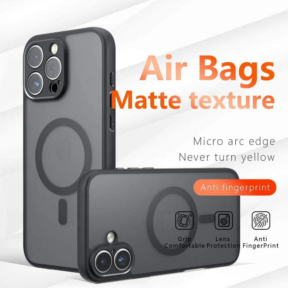 

Для Magsafe Magnetic Case для IPhone 16 Pro Max 15Pro Matte Armor Transparent Cover для IPhone 16 15 Plus Wireless Charging Acrylic Противоударный бампер For IPhone 16 plus чёрный