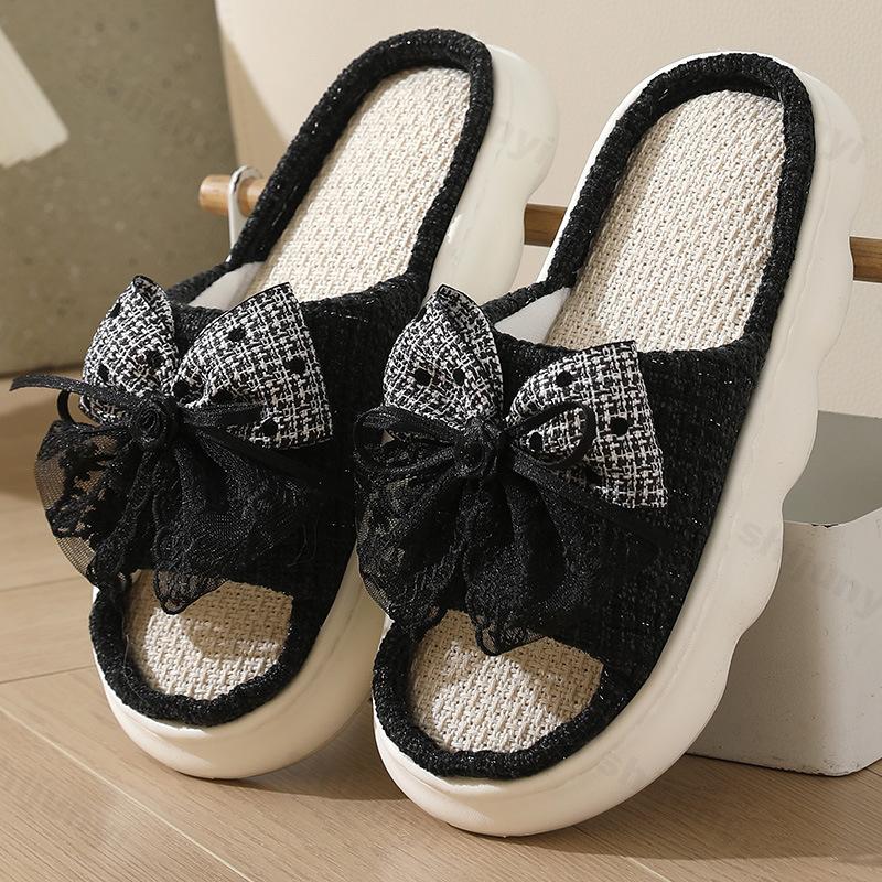 Fashion Linen Women Slippers 2025 Summer Home Slippers Comfortable Thick Sole Platform Ladies Fashion Bowknot Indoor Slipper Wholesale