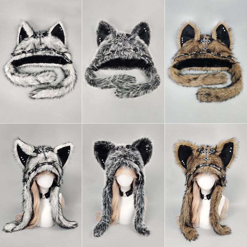 Goth Handwork Medieval Cross Fluffy Hat Woman Punk Wolf Cat Ears Plush Headgear Gothic Darkness Cosplay Props Windproof Gorros