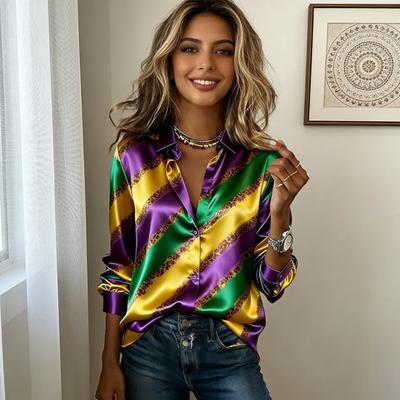 Damen Hemd Kragen Langarm Mardi Gras Gestreiftes Print Hemd Oberteile Knöpfe Knopfleiste Lockere Passform Karneval Outfit Party Oberteile Weicher Stoff Festival Kleidung