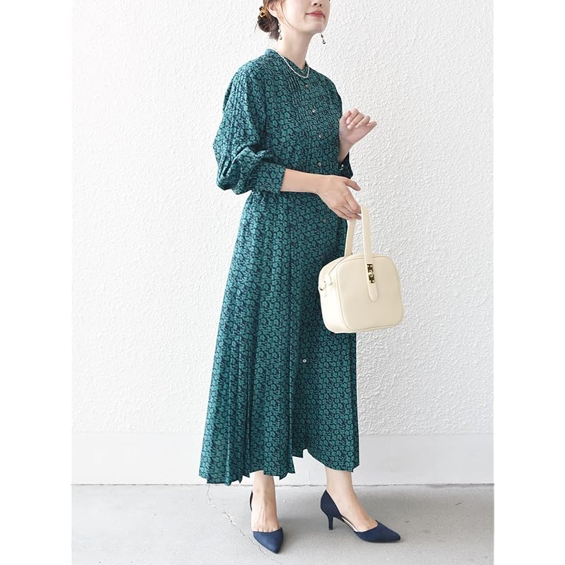 [Ships Ladies] SHIPS for women one piece WEB limited Hand washable dot/floral pattern band color side pleats ladies 314514409 dark green M