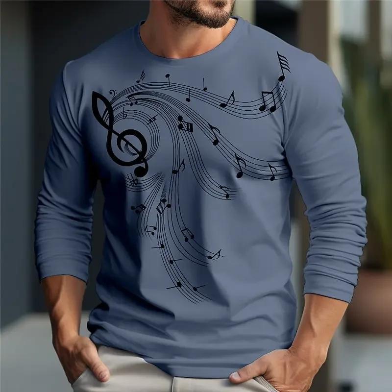 Men's Long-sleeved T-shirt Autumn Base Layer 3D Note Pattern Round-neck Casual T-shirt Loose Sportswear Men's Autumn Wear