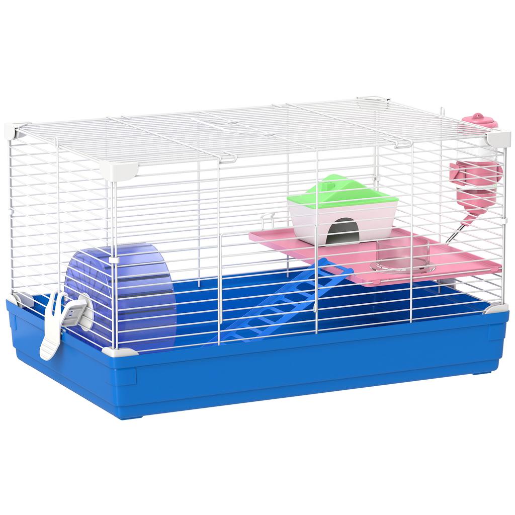 Hamster Cage, 2-Level Rodent Cage, Removable Base, Hideaway, Exercise Wheel, 47 x 30 x 27 cm, Blue