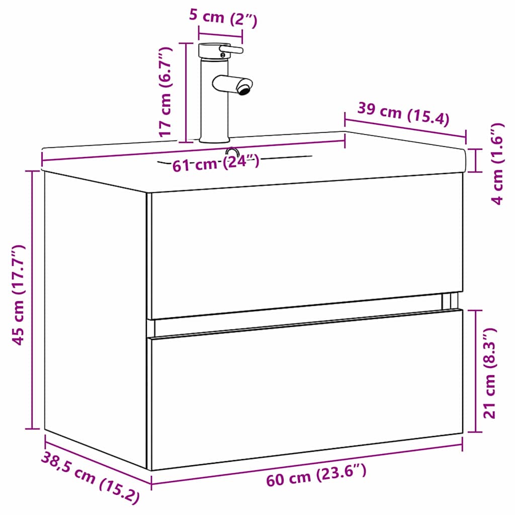 Washbasin Cabinet Black Oak Effect 60 X 39 X 62 Cm