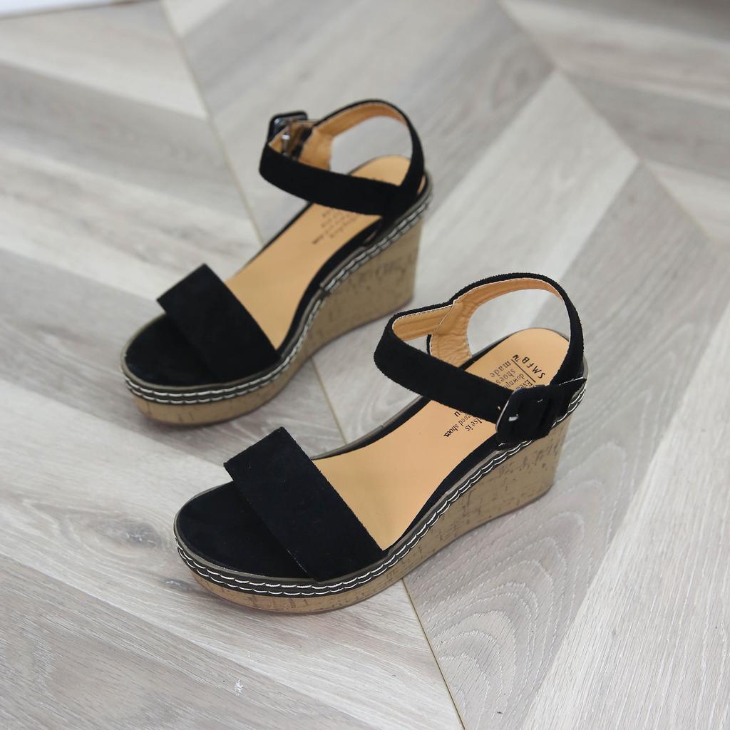 Summer new high-heeled sandals open-toe sexy suede waterproof table thick-soled wedge heel one-word buckle