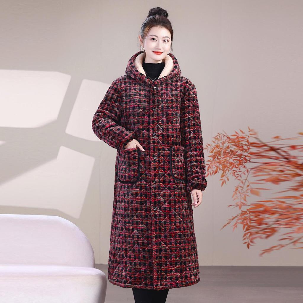 Women's Extra Long Flannel Hooded Jacket with Thick Fleece Padding for Winter Work and Home Wear