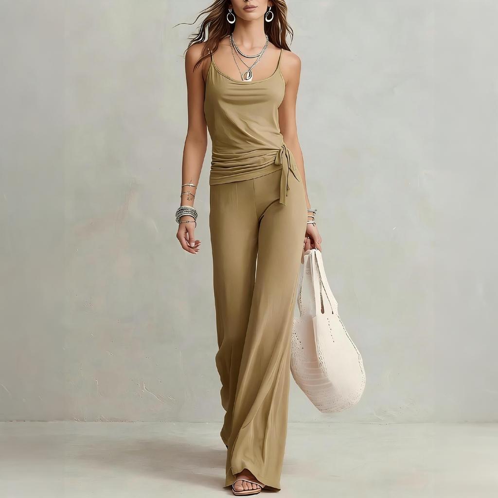 Women Casual Two Piece Set Sleeveless Tank Top with High Waist Wide Leg Pants Lounge Wear Summer Outfit
