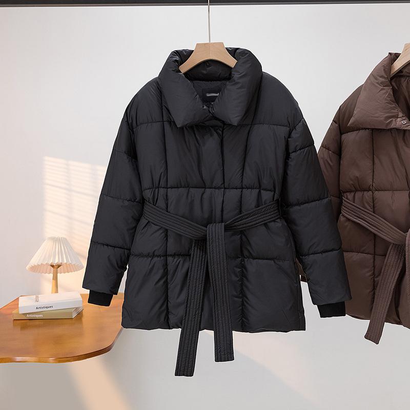 Winter Slim Women's Down Cotton Parka Knee Long Hooded Belt Coat Quilted Jacket