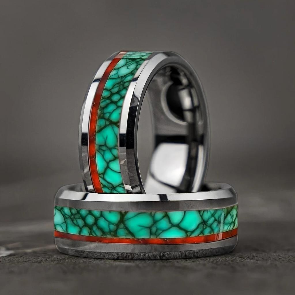 Fashion 8mm Men Stainless Steel Ring with Koa Wood and Peacock Stones Inlay Rings for Men Women Wedding Jewelry Drop Shipping
