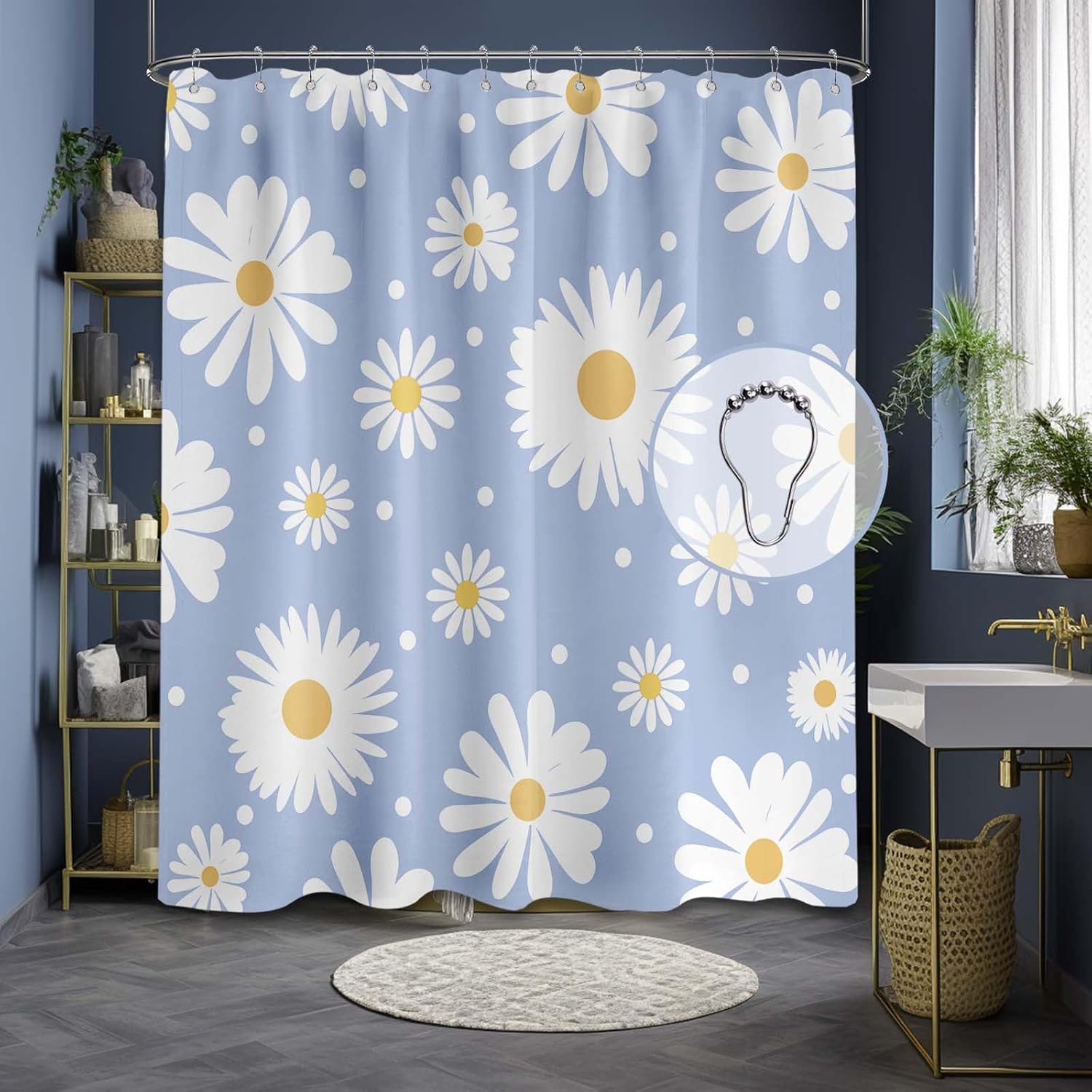 Daisy Shower Curtain Blue and White Cute Floral Groovy Girly Shower Curtains for Bathroom Decor Sets, Waterproof Cloth Fabric wi
